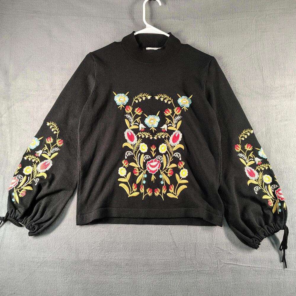 Cellabie Womens L Black Embroidered Floral Sweater Top EUC Boho Chic Cozy
